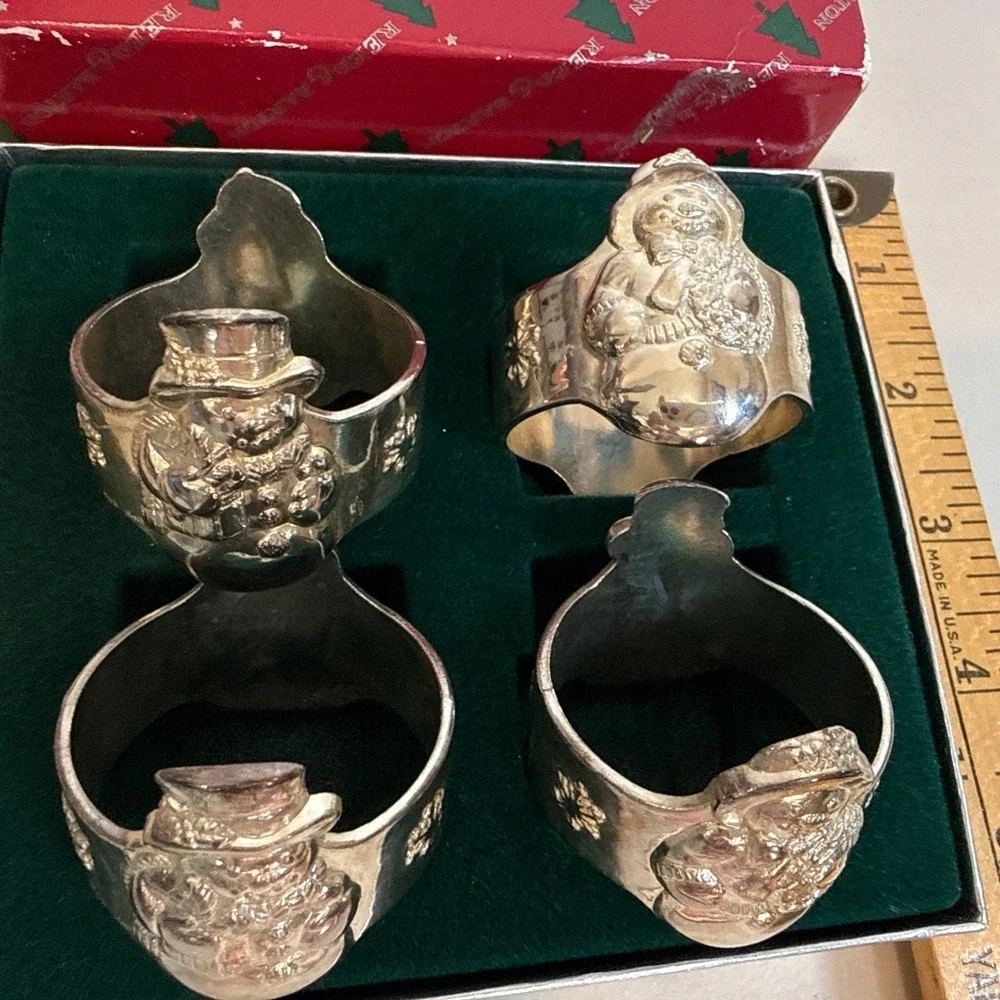 Reed Barton Vintage Italian Silver‎ R925 Santa Snowman Napkin Ring Set 4 1428/4